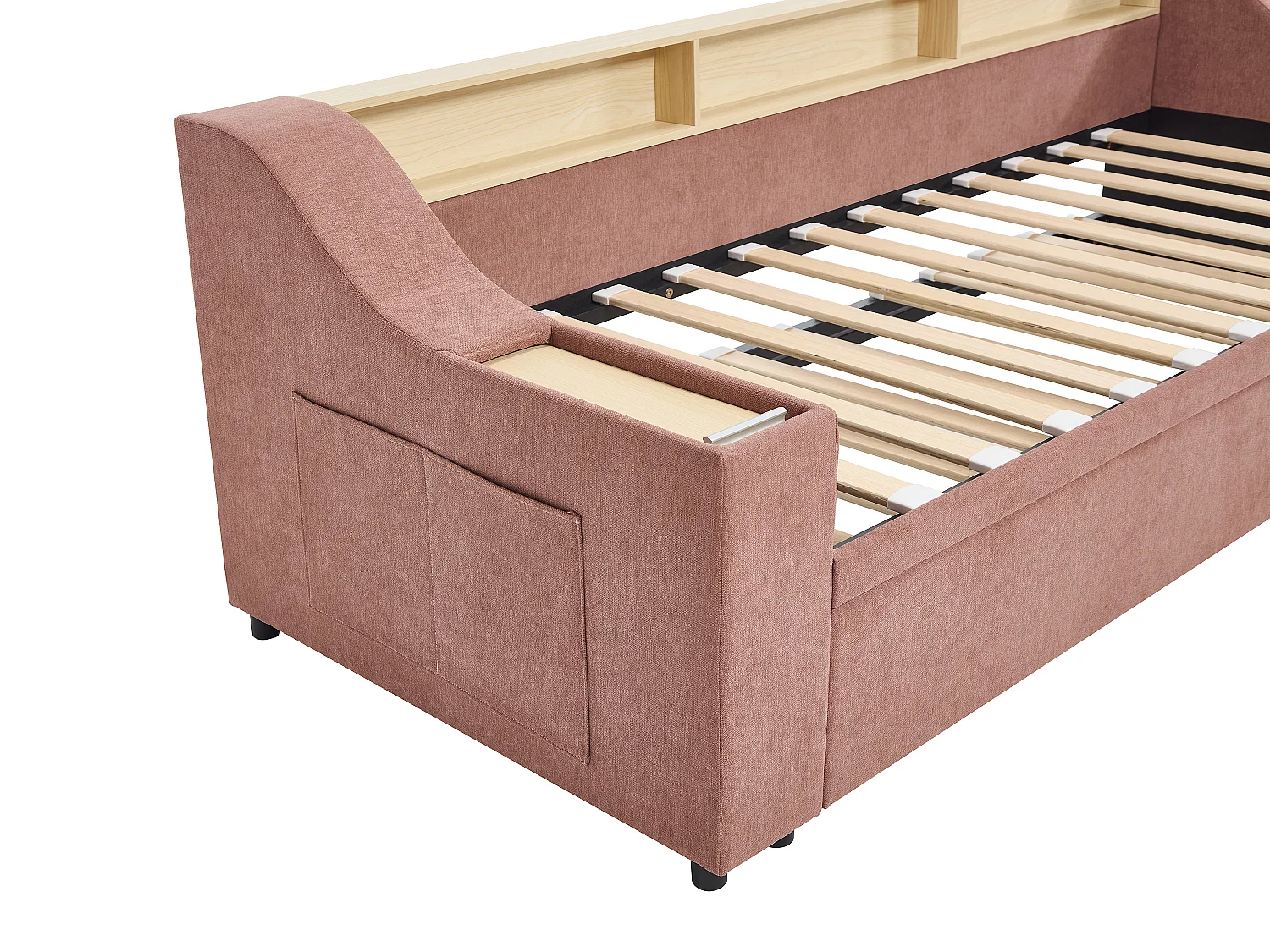 Lit gigogne 2 x 80 x 200 cm avec rangements et port USB - Tissu - Rose - ORAVAYA