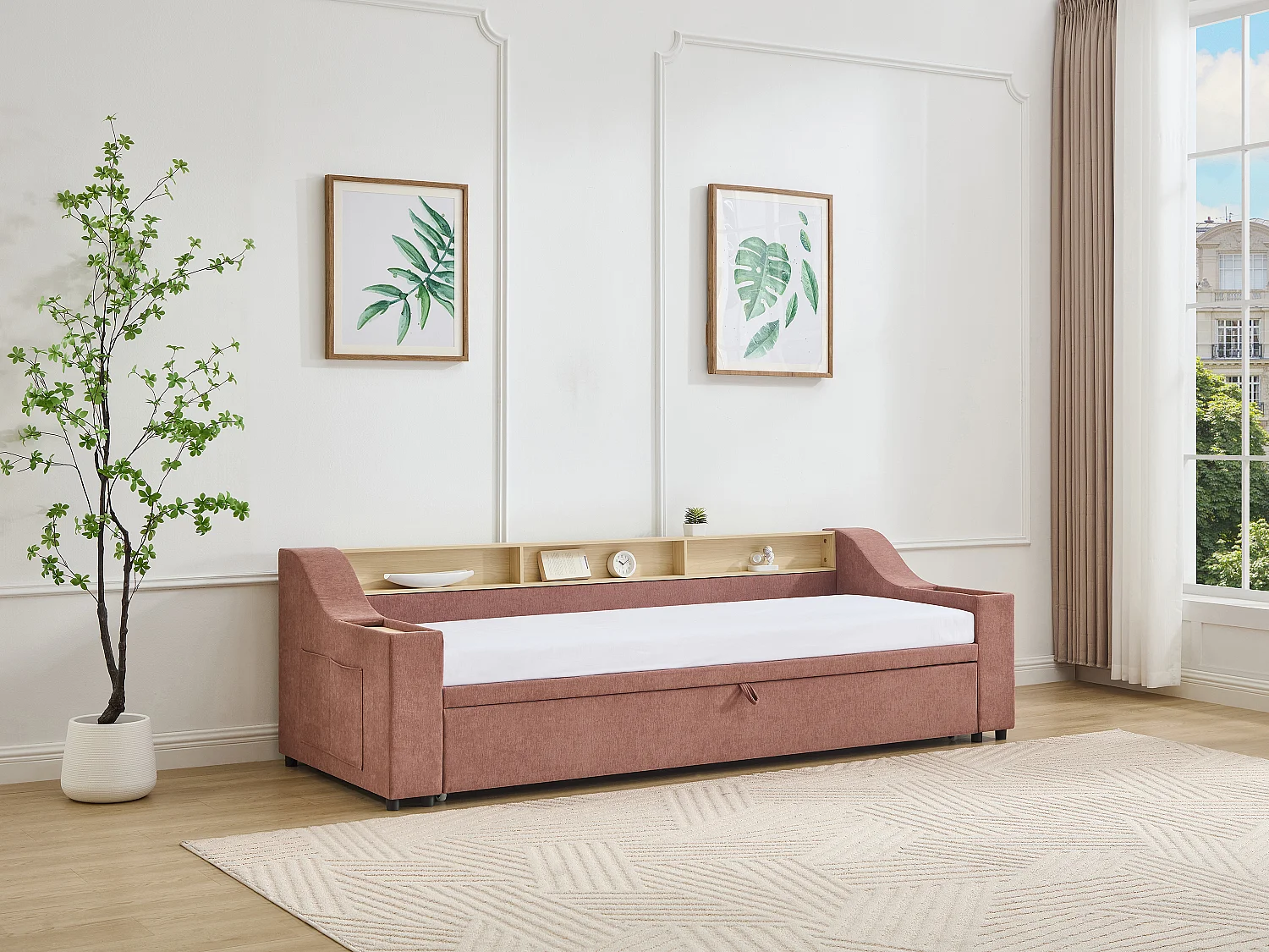 Lit gigogne 2 x 80 x 200 cm avec rangements et port USB - Tissu - Rose - ORAVAYA