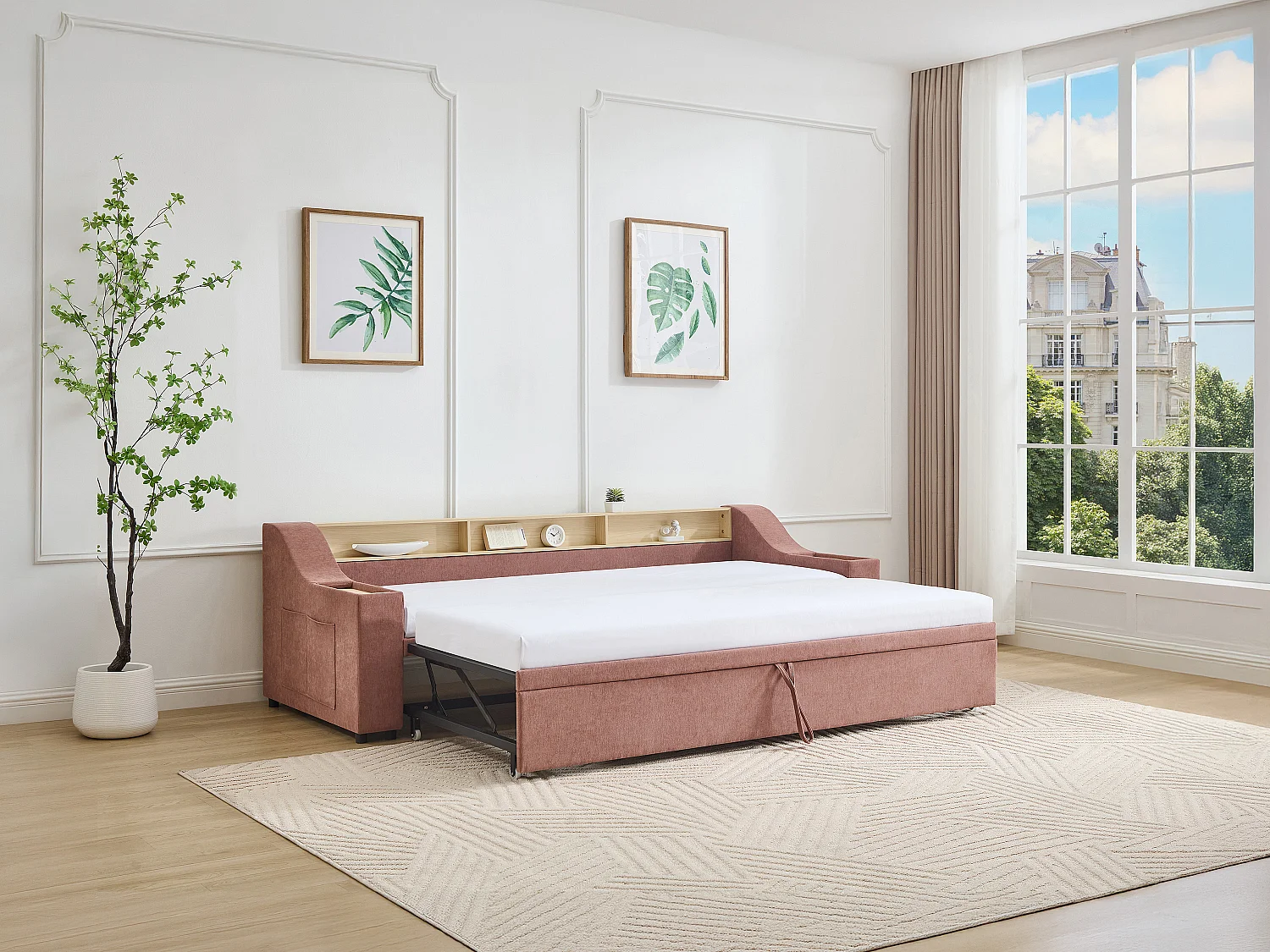 Lit gigogne 2 x 80 x 200 cm avec rangements et port USB - Tissu - Rose - ORAVAYA