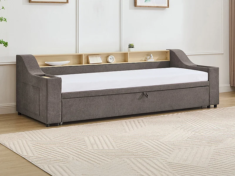 Lit gigogne 2 x 80 x 200 cm avec rangements et port USB - Tissu - Taupe - ORAVAYA