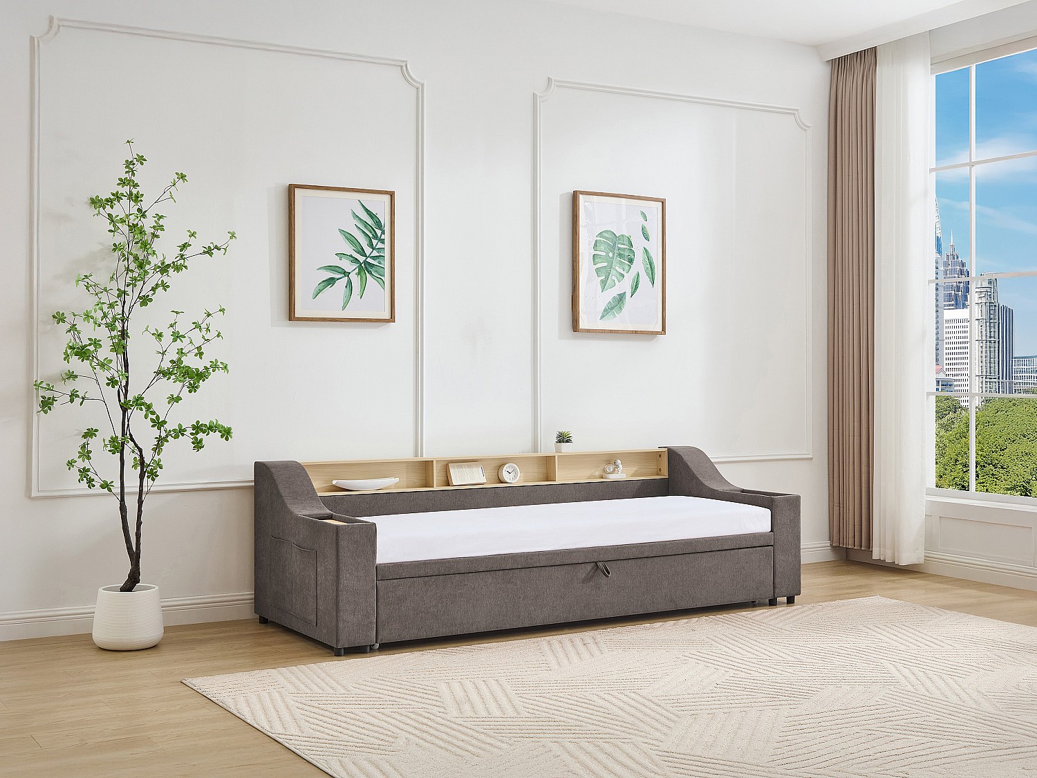 Ausziehbett - 2 x 80 x 200 cm - mit Stauraum & USB-Anschluss - Stoff - Taup günstig online kaufen