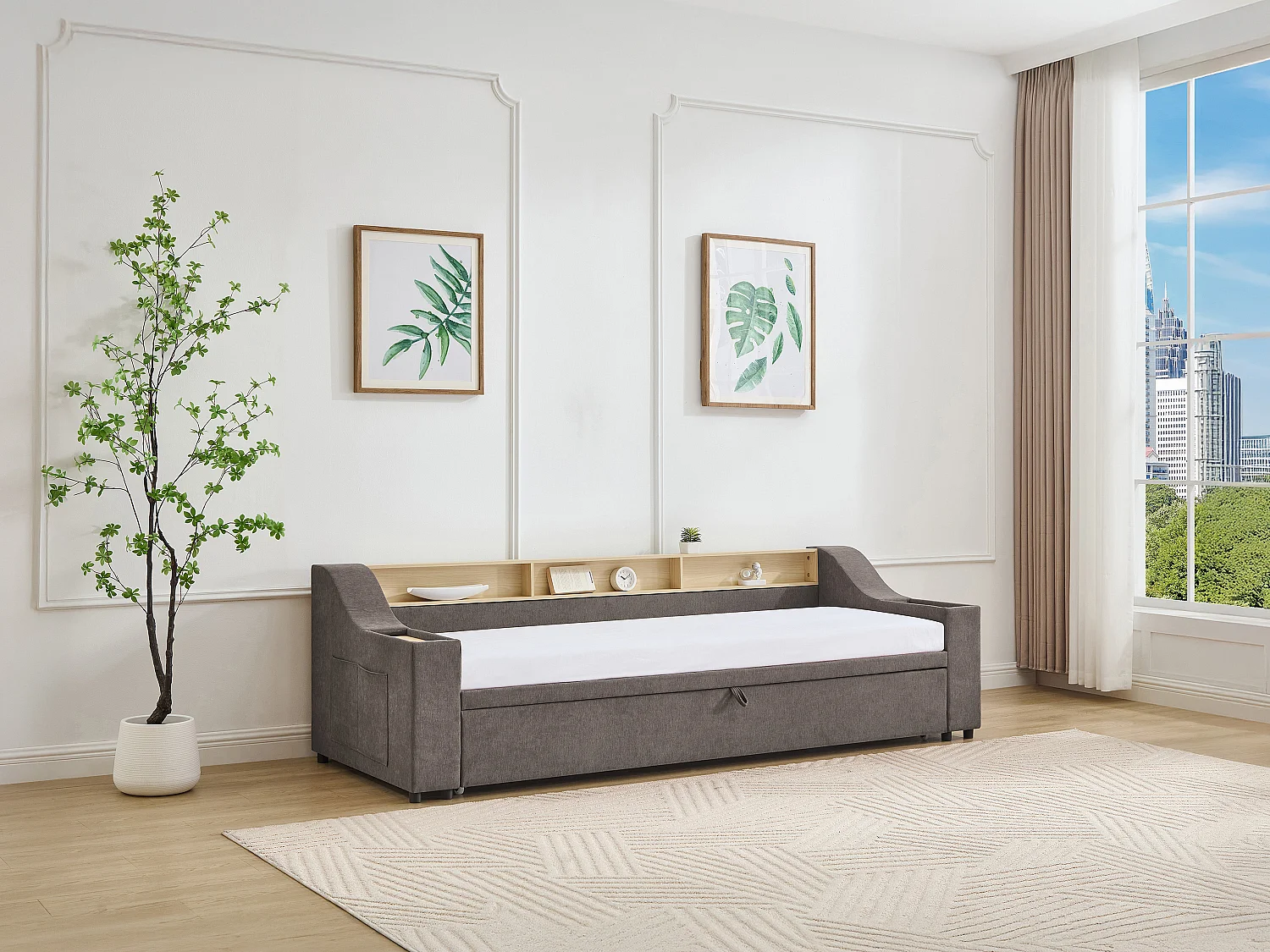 Utdragbar säng 2 x 80 x 200 cm med förvaring och USB-port - Tyg - Taupe - ORAVAYA