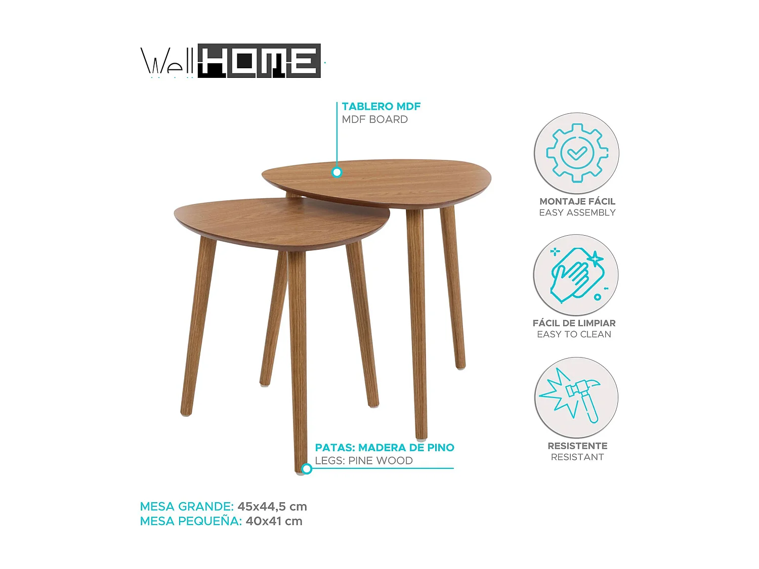 Well Home - Ensemble de 2 tables d'appoint avec plateau à bord incliné