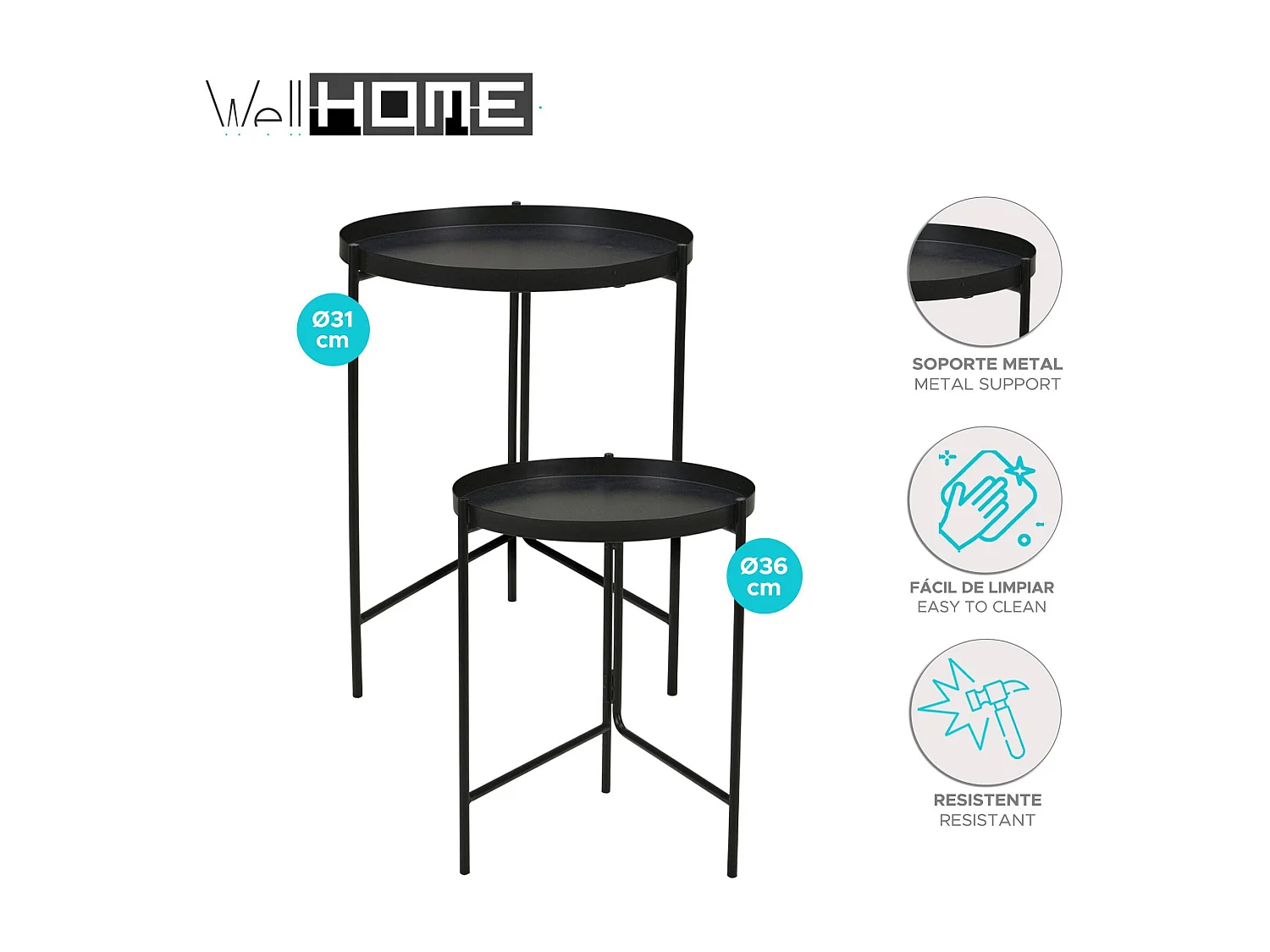 Well Home Set de 2 tables d'appoint rondes en métal noir Ø31 Ø36cm