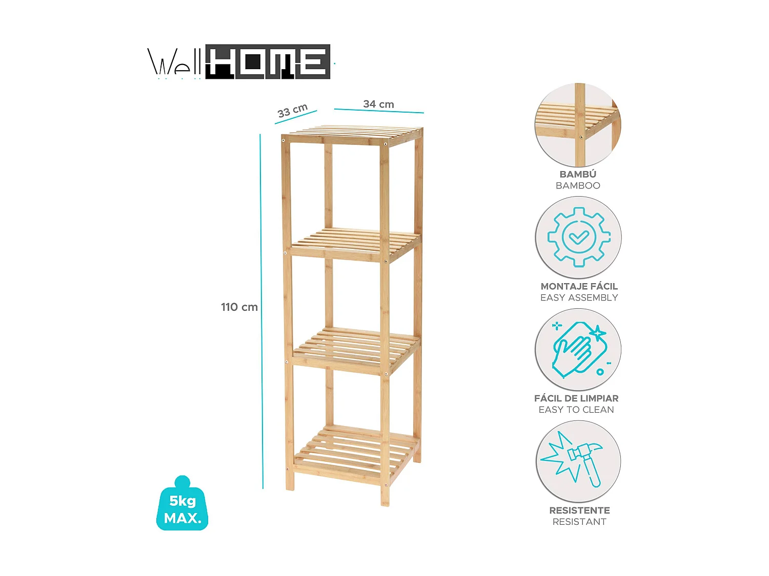 Etagère de rangement Well Home en bambou à 4 niveaux H.110cm