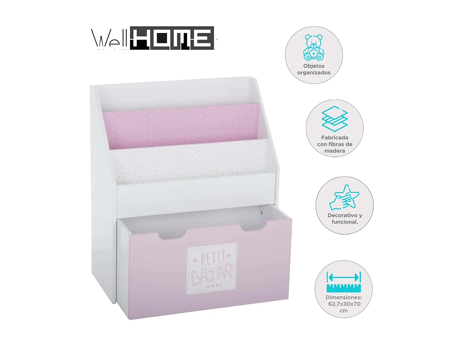 WELL HOME - Etagère avec tiroir, roulettes et design rose 62,7x30x70cm