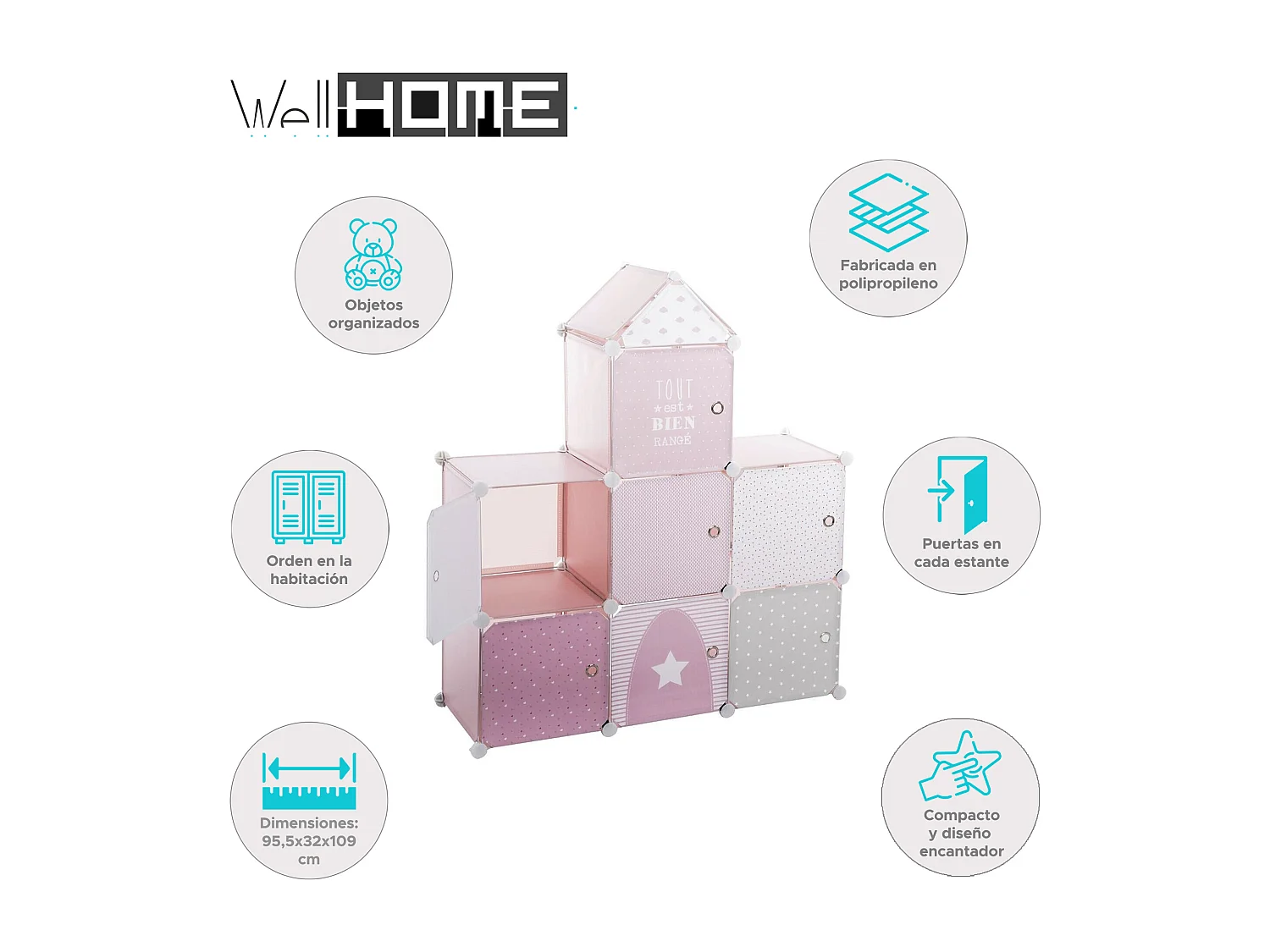 WELL HOME - Colonne de rangement Château Etagère Rose 95,5x32x109cm