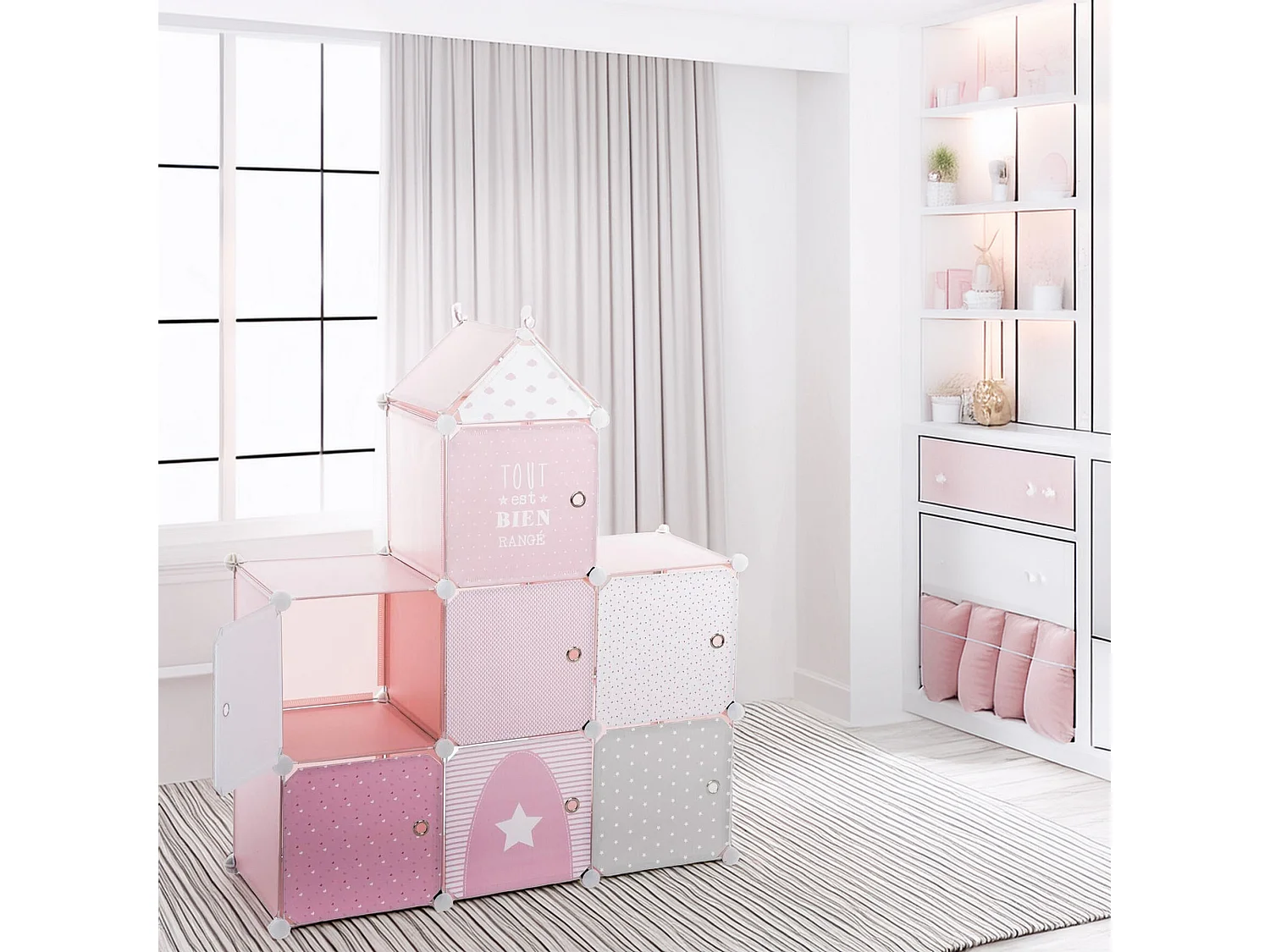 WELL HOME - Colonne de rangement Château Etagère Rose 95,5x32x109cm