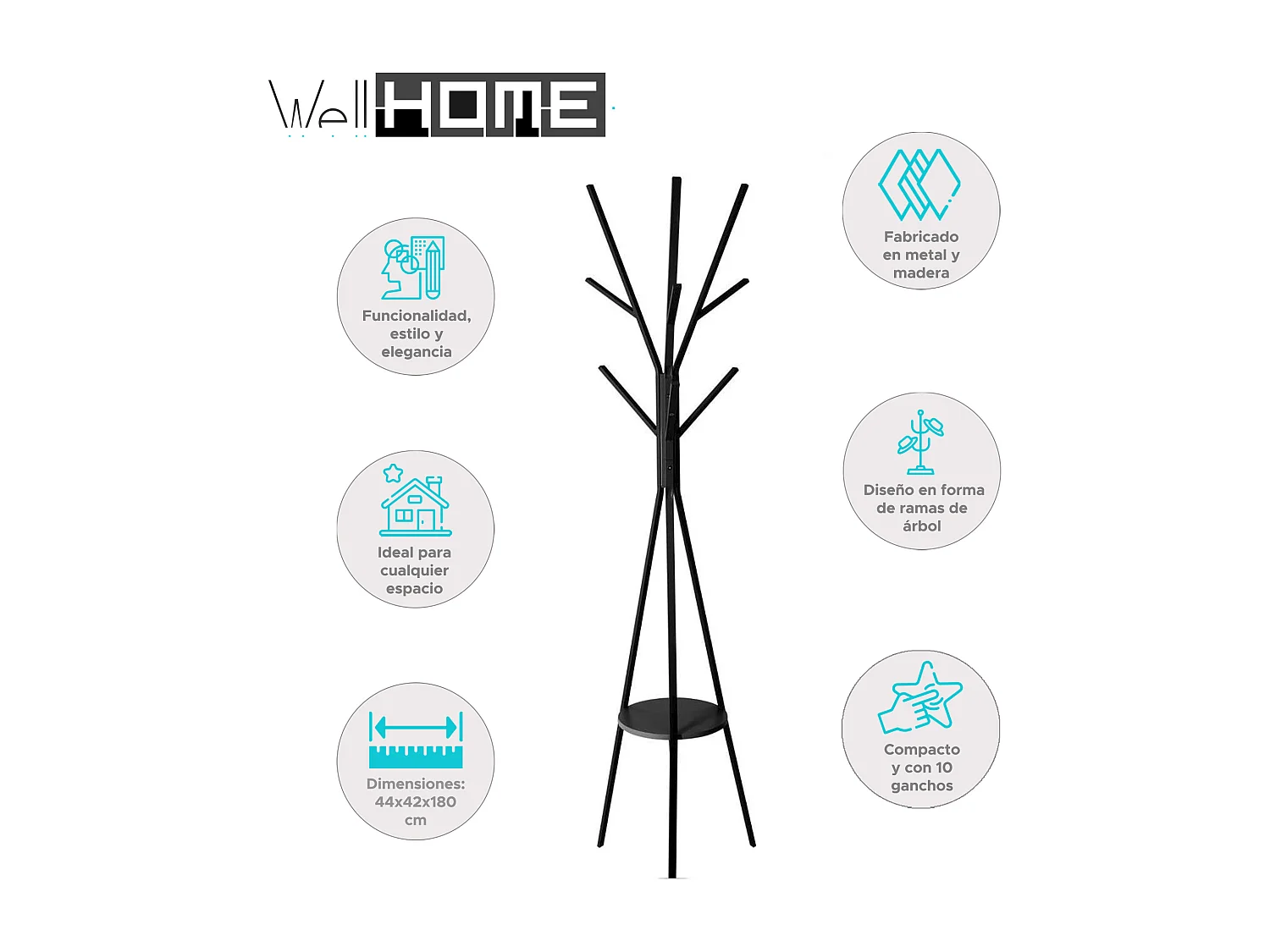 WELL HOME - Porte-manteau en bois MDF noir et métal H.180