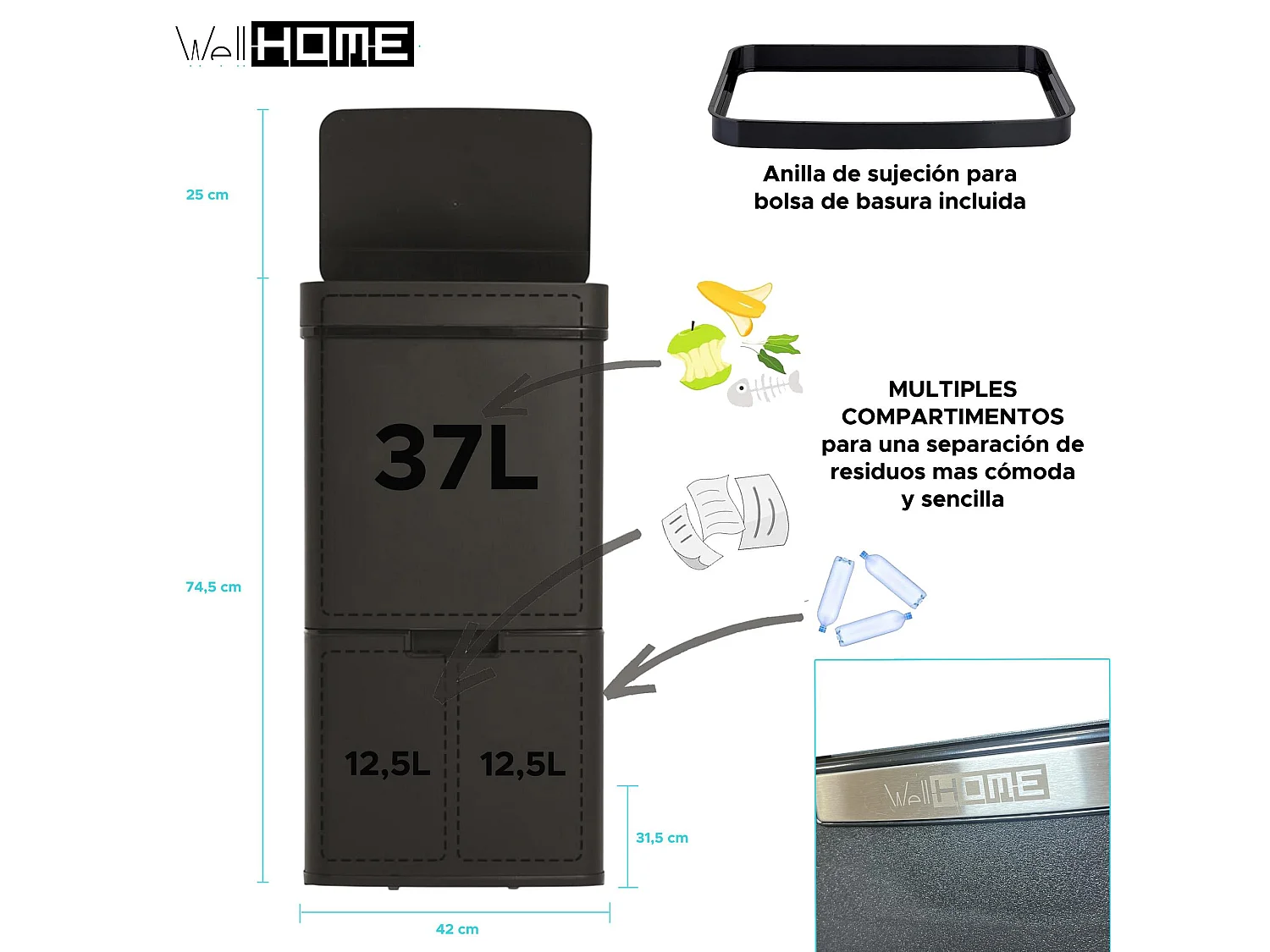 WELL HOME Poubelle de tri 62L (37L+25L), poubelle à 2 compartiments, ouverture automatique avec capteur, en inox, noir