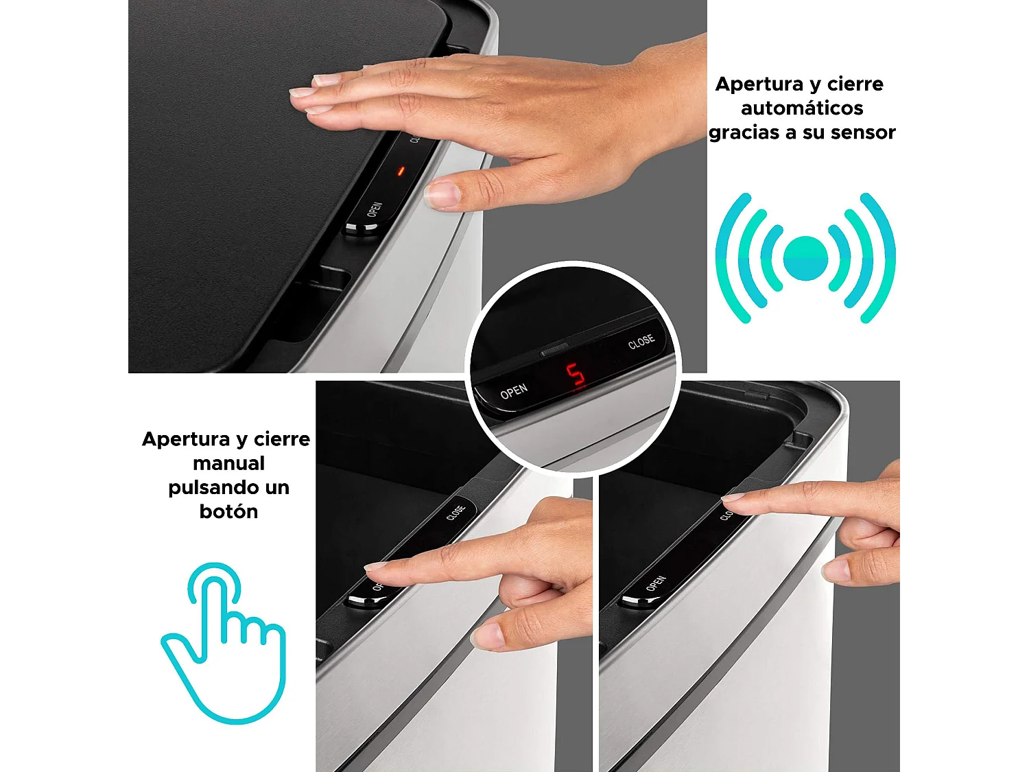 WELL HOME Poubelle de tri 62L (37L+25L), poubelle à 2 compartiments, ouverture automatique avec capteur, en inox, noir