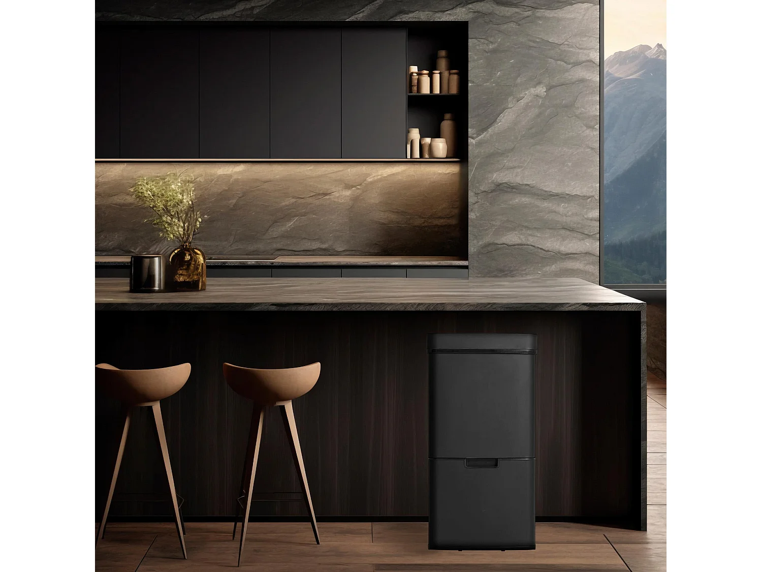 WELL HOME Poubelle de tri 62L (37L+25L), poubelle à 2 compartiments, ouverture automatique avec capteur, en inox, noir