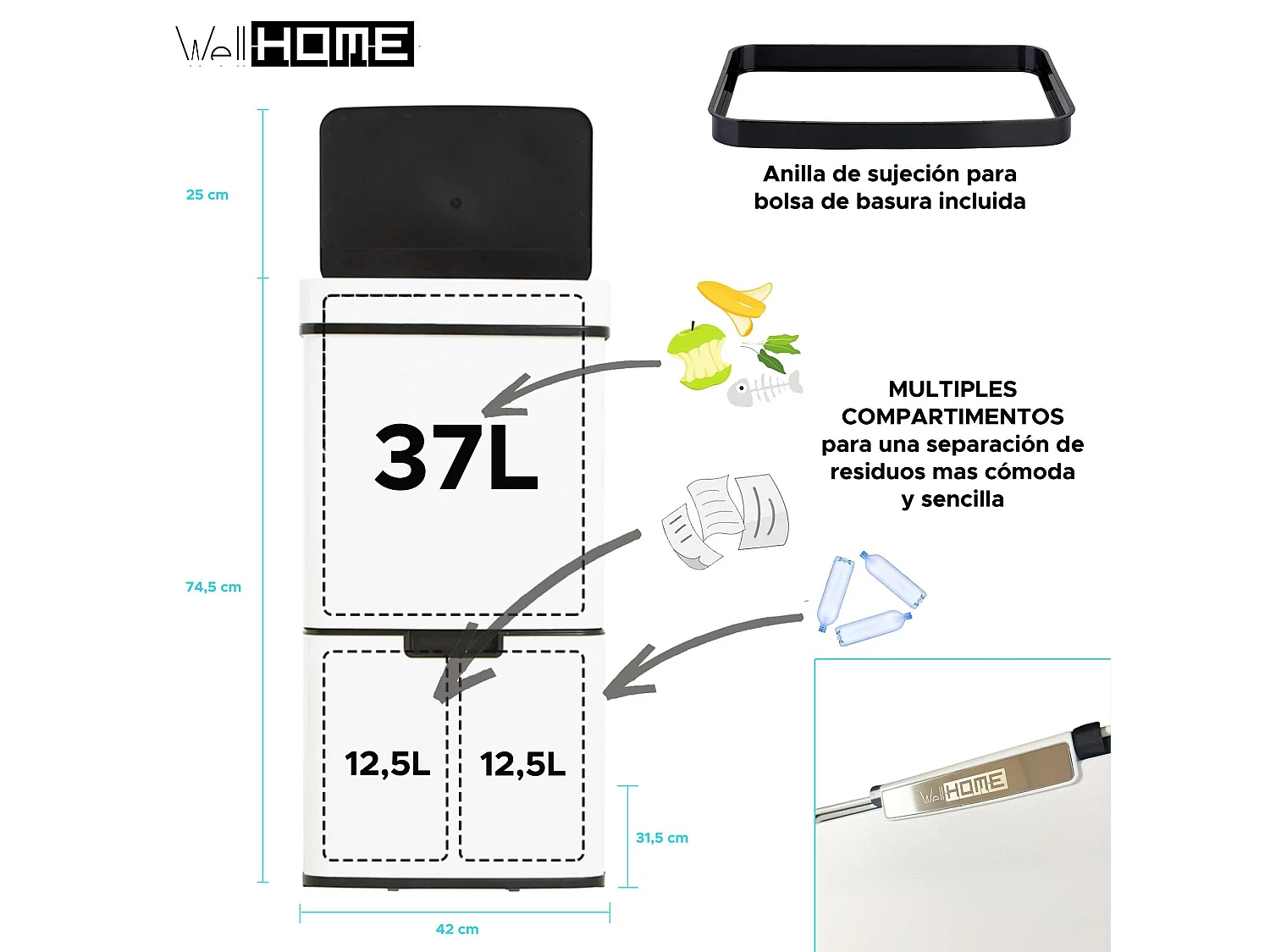 WELL HOME Poubelle de tri 62L (37L+25L), poubelle à 2 compartiments, ouverture automatique avec capteur, en inox, blanc