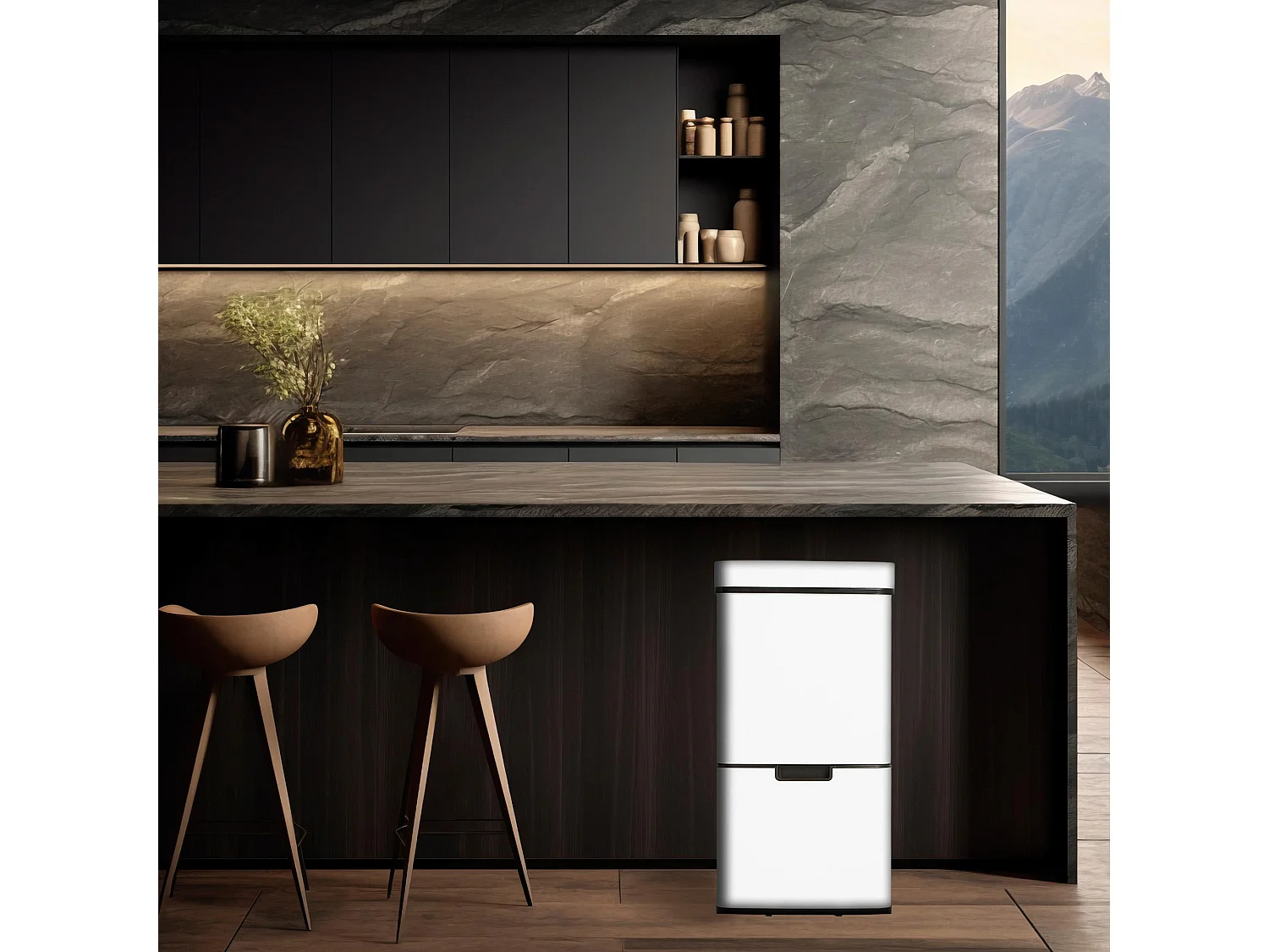 WELL HOME Poubelle de tri 62L (37L+25L), poubelle à 2 compartiments, ouverture automatique avec capteur, en inox, blanc