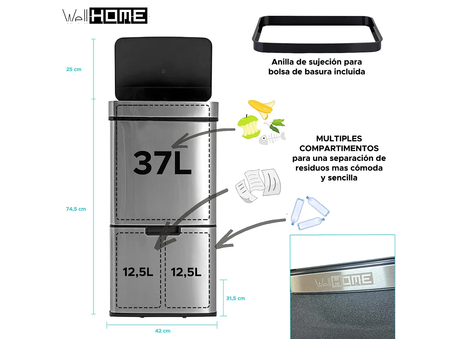 WELL HOME Poubelle de tri 62L (37L+25L), poubelle à 2 compartiments, ouverture automatique avec capteur, en inox, chromé
