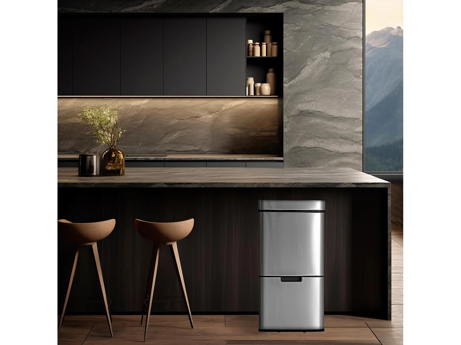 WELL HOME Poubelle de tri 62L (37L+25L), poubelle à 2 compartiments, ouverture automatique avec capteur, en inox, chromé