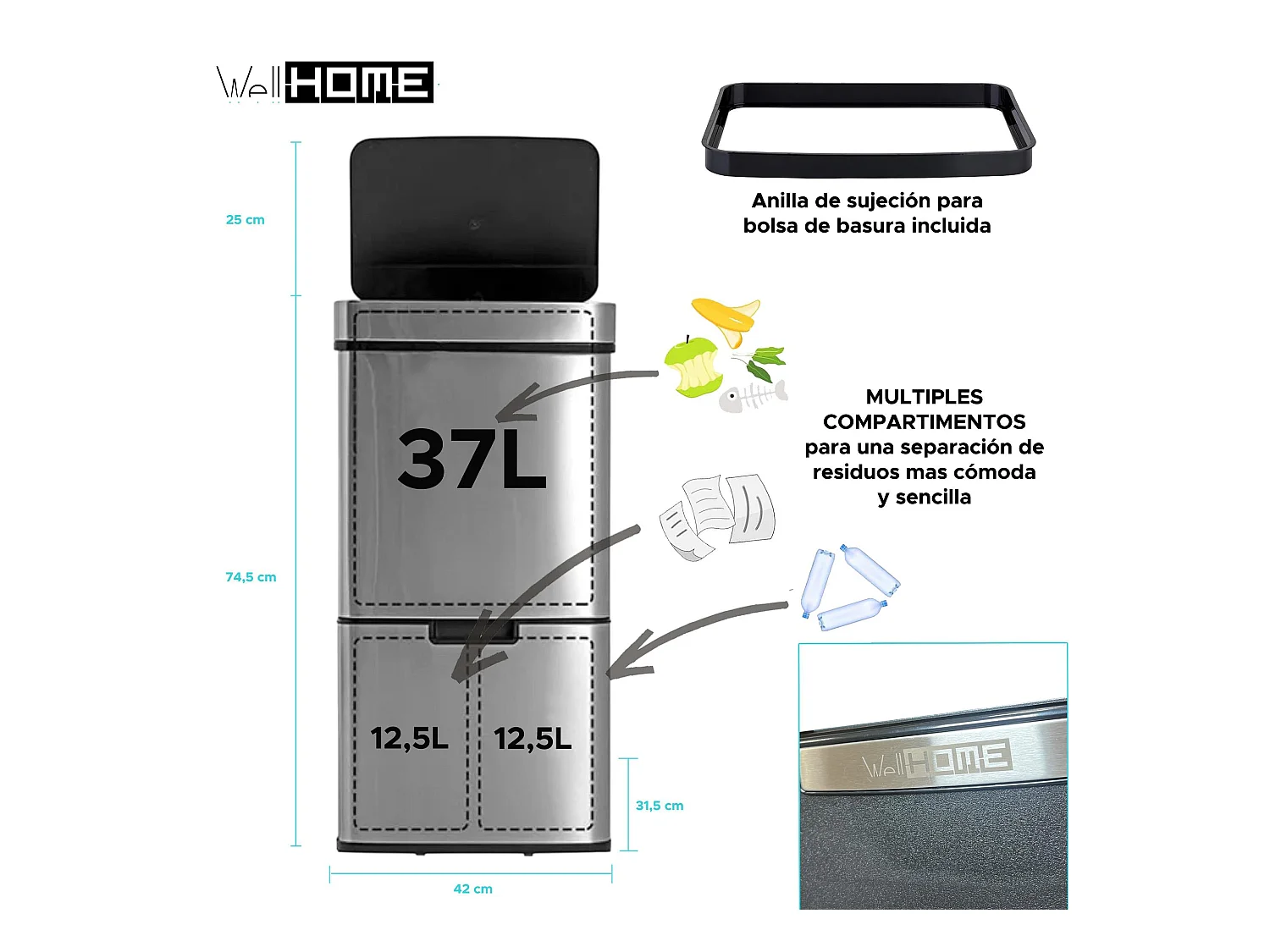 WELL HOME Poubelle de tri 62L (37L+25L), poubelle à 2 compartiments, ouverture automatique avec capteur, en inox, chromé