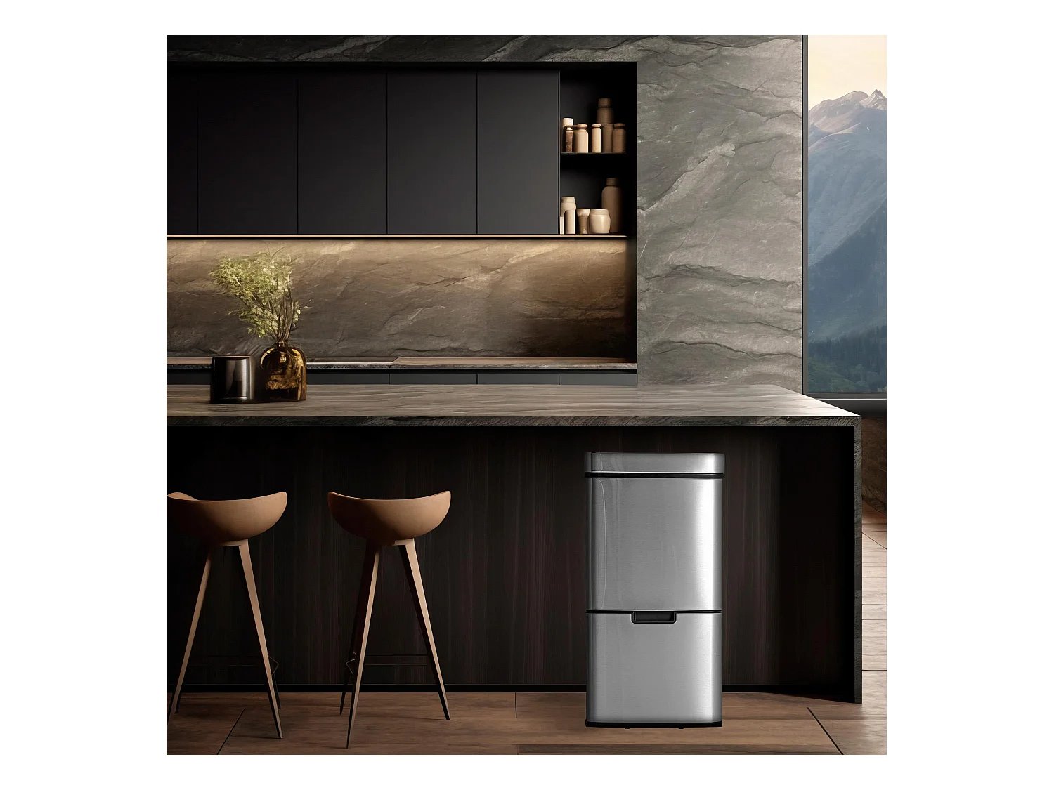 WELL HOME Poubelle de tri 62L (37L+25L), poubelle à 2 compartiments, ouverture automatique avec capteur, en inox, chromé