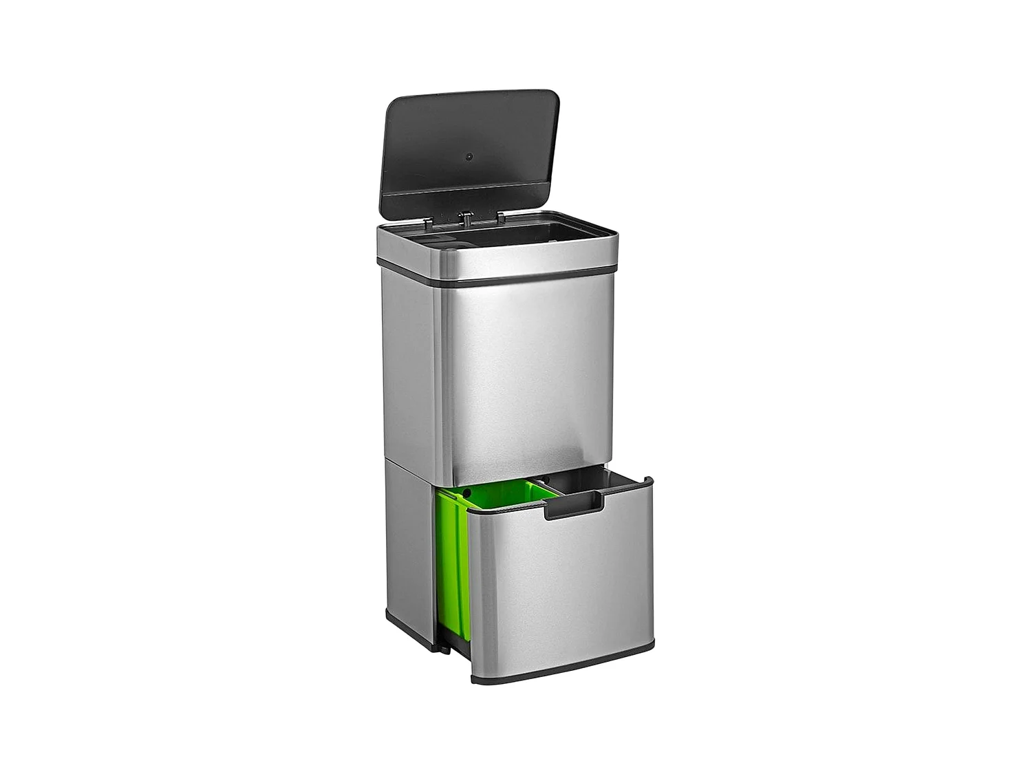 WELL HOME Poubelle de tri 72L (47L+25L), poubelle à 2 compartiments, ouverture automatique avec capteur, en inox, chromé
