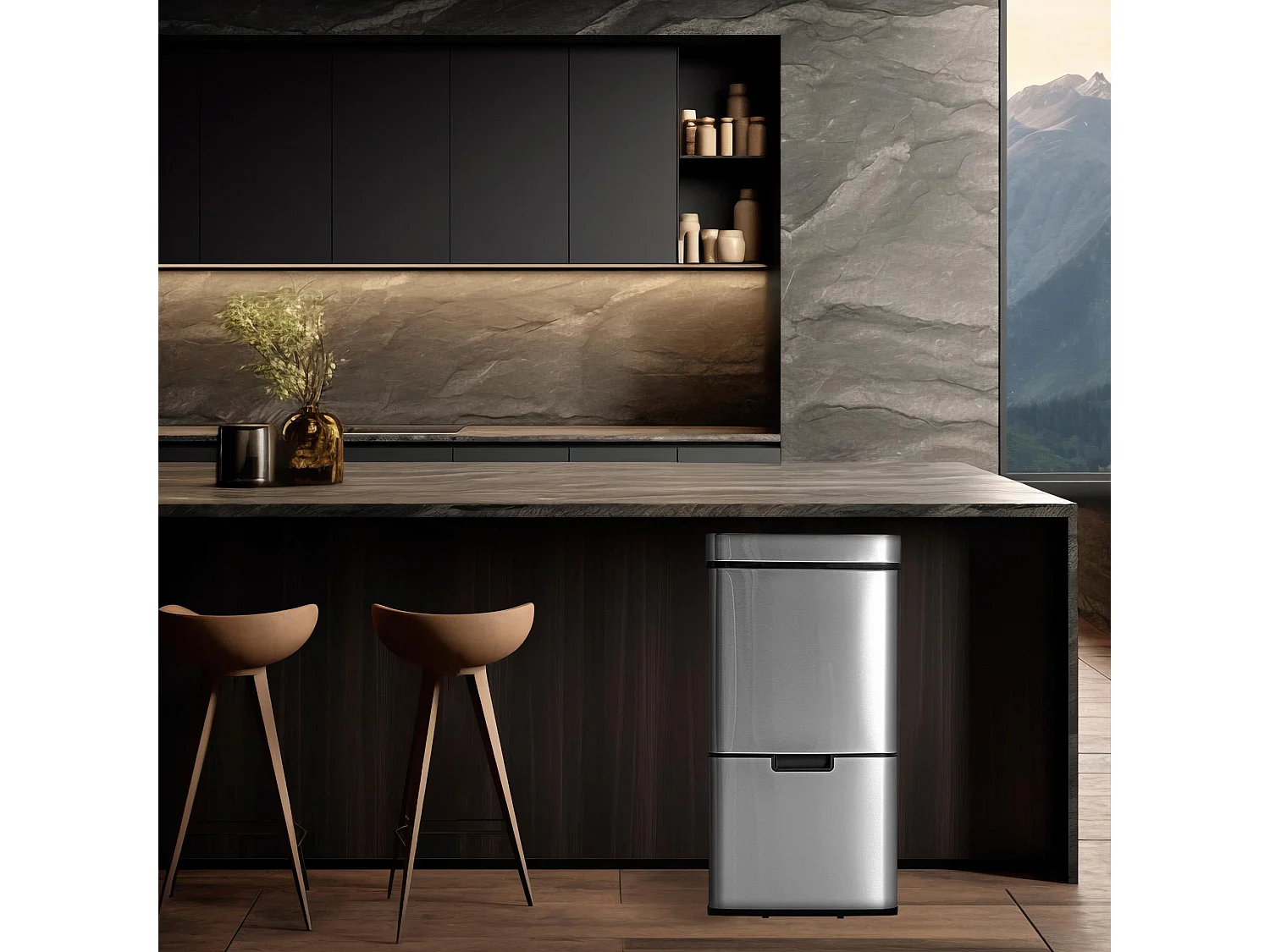 WELL HOME Poubelle de tri 67L (42L+25L), poubelle à 2 compartiments, ouverture automatique avec capteur, en inox, chromé