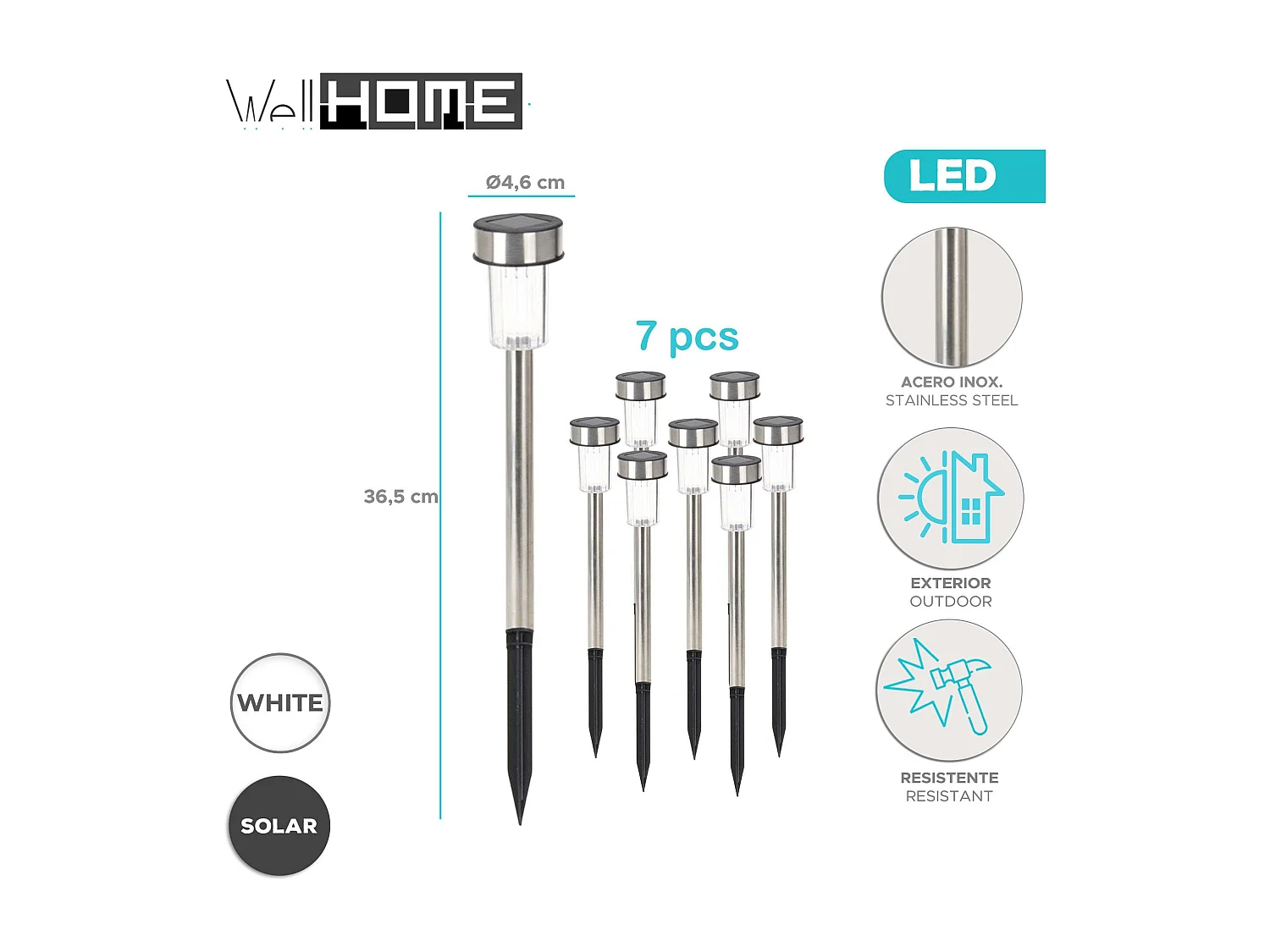 Well Home Set de 7 lampes solaires Ø4,6cm en inox