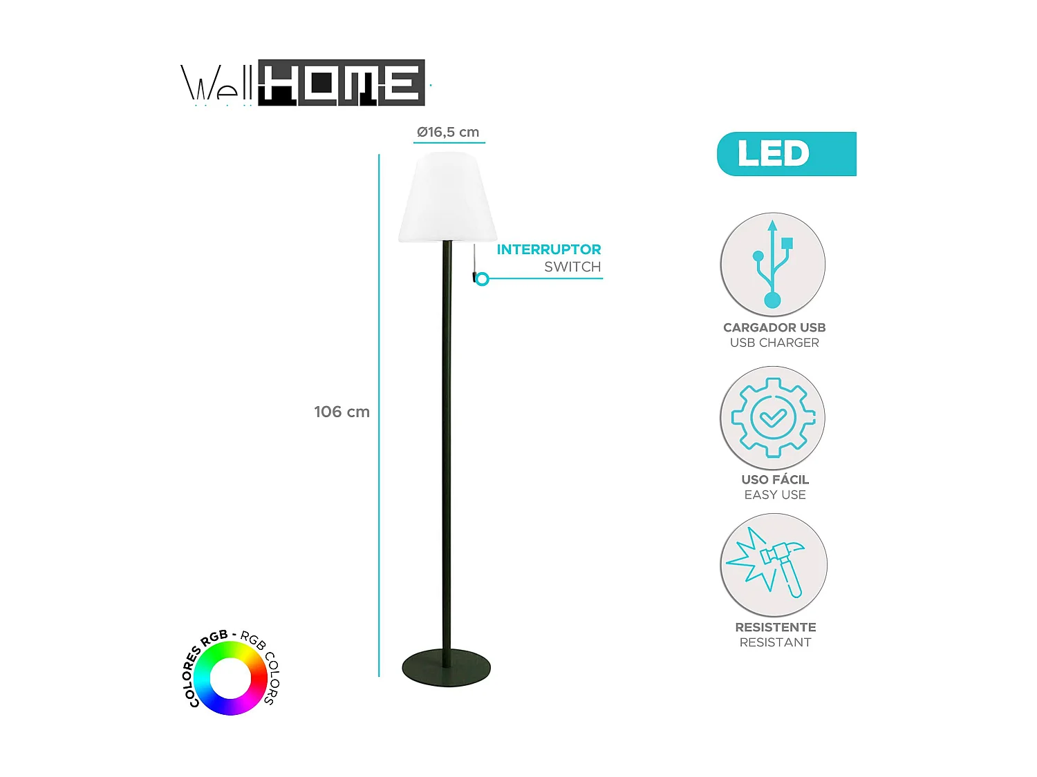 Lampe Well Home Ø16,5x106cm pour usage extérieur rechargeable