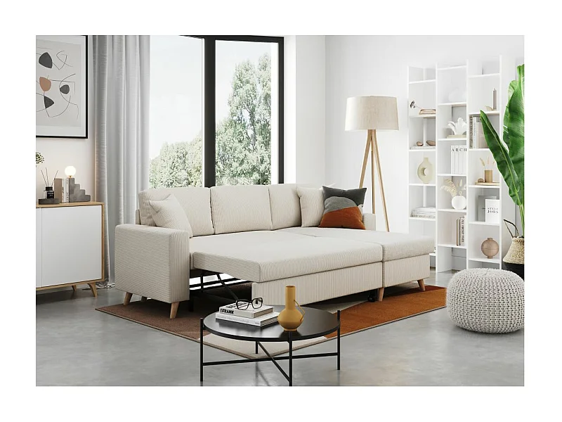 Canapé d'angle 4 places réversible et convertible Maria scandinave en velours côtelé fin - Beige - L227 x 147 x 89cm - Loungitude