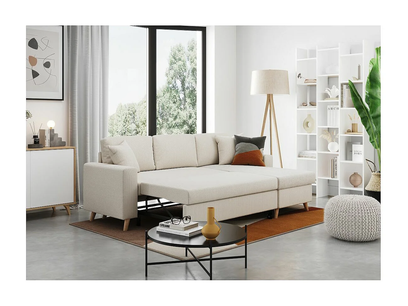 Canapé d'angle 4 places réversible et convertible Maria scandinave en velours côtelé fin - Beige - L227 x 147 x 89cm - Loungitude