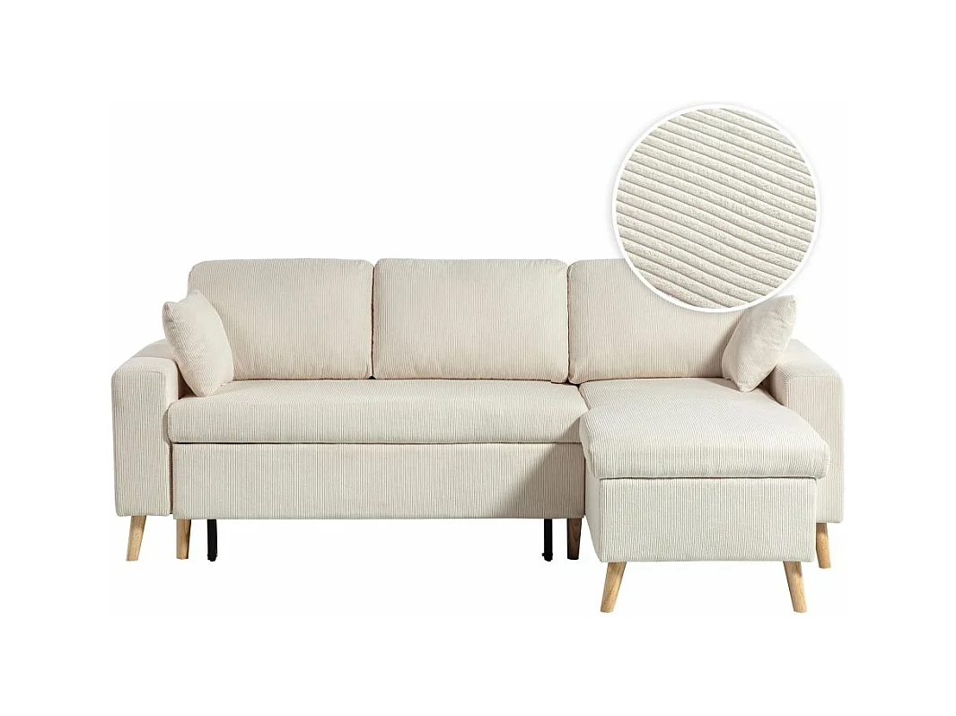 Canapé d'angle 4 places réversible et convertible Maria scandinave en velours côtelé fin - Beige - L227 x 147 x 89cm - Loungitude