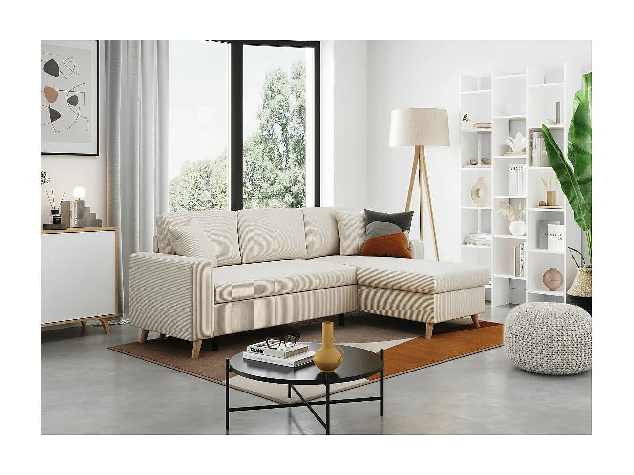 Canapé d'angle 4 places réversible et convertible Maria scandinave en velours côtelé fin - Beige - L227 x 147 x 89cm - Loungitude