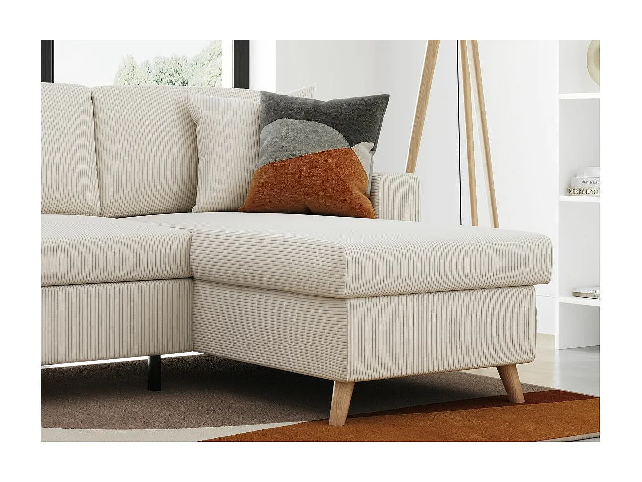 Canapé d'angle 4 places réversible et convertible Maria scandinave en velours côtelé fin - Beige - L227 x 147 x 89cm - Loungitude