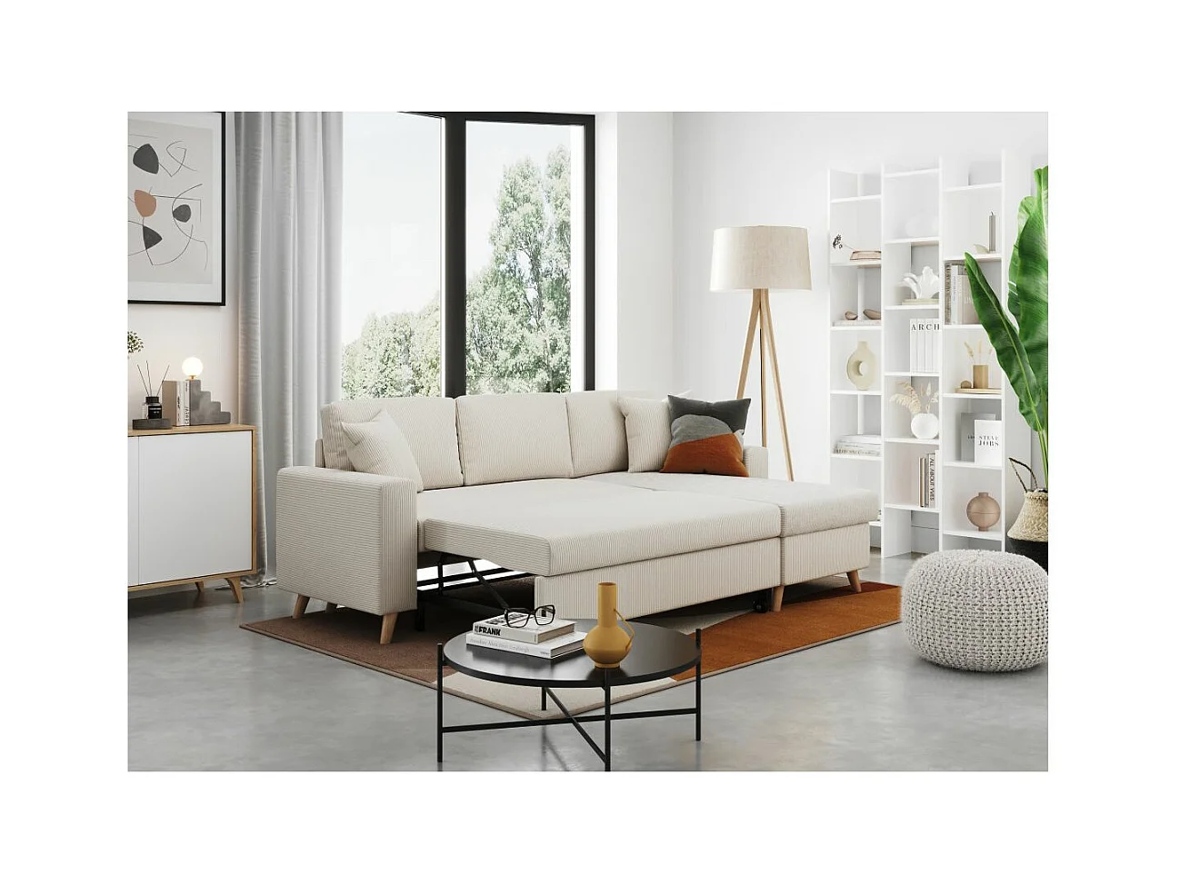 Canapé d'angle 4 places réversible et convertible Maria scandinave en velours côtelé fin - Beige - L227 x 147 x 89cm - Loungitude