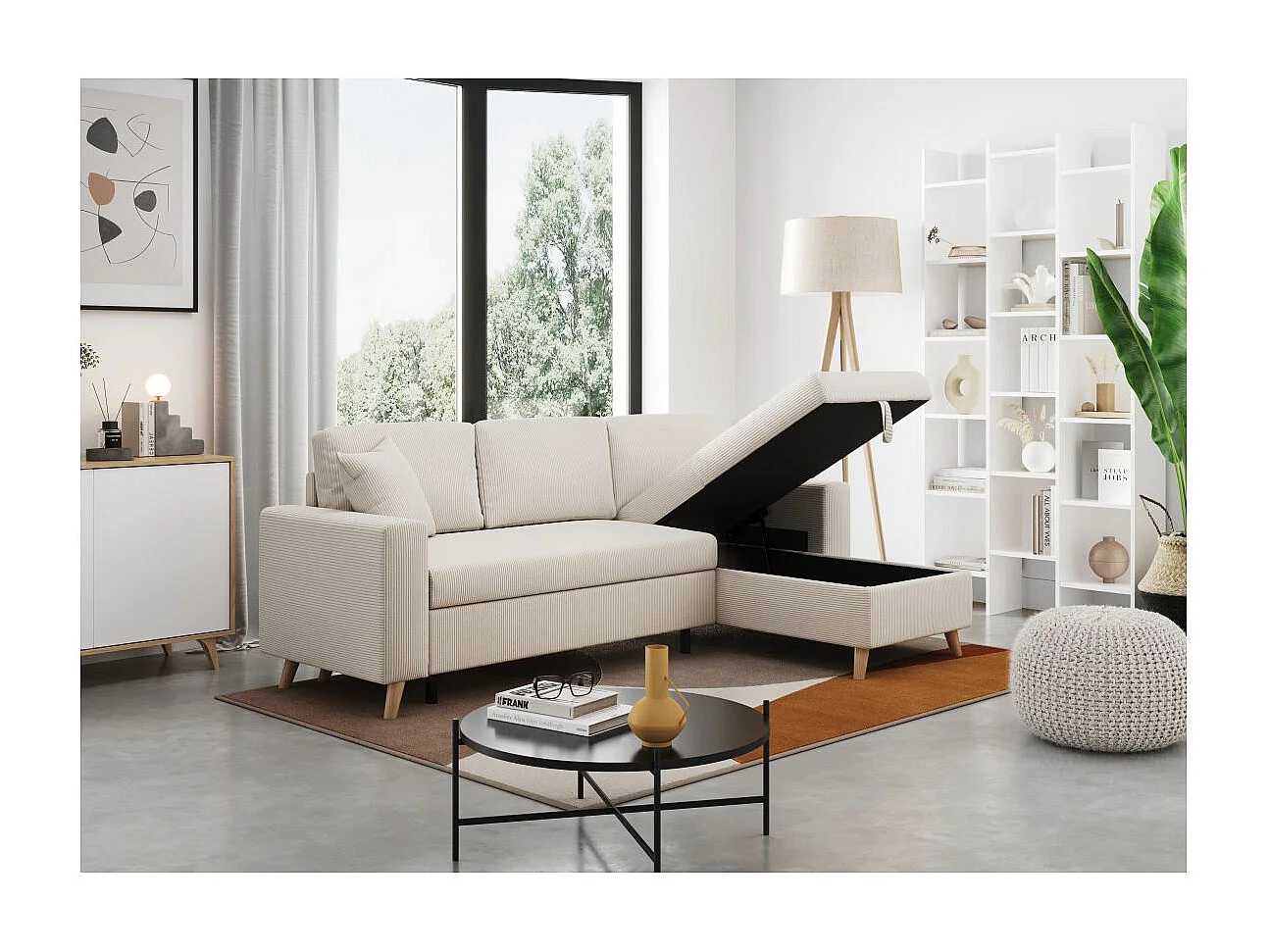 Canapé d'angle 4 places réversible et convertible Maria scandinave en velours côtelé fin - Beige - L227 x 147 x 89cm - Loungitude