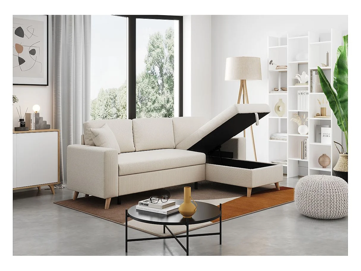 Canapé d'angle réversible convertible 4 places en velours beige