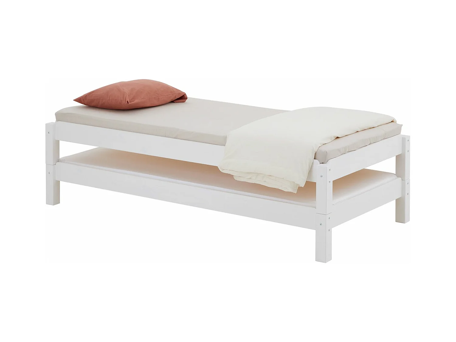Lot de 2 lits superposables RINO 80 x 190 cm, lits simples 1 place, couchage d'appoint, en pin massif lasuré blanc