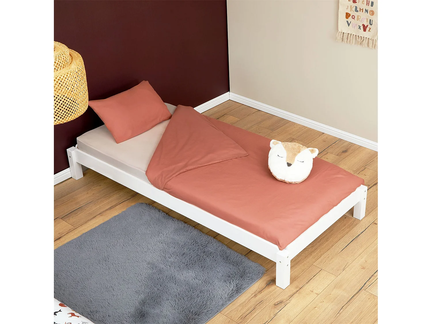Lot de 2 lits superposables RINO 80 x 190 cm, lits simples 1 place, couchage d'appoint, en pin massif lasuré blanc