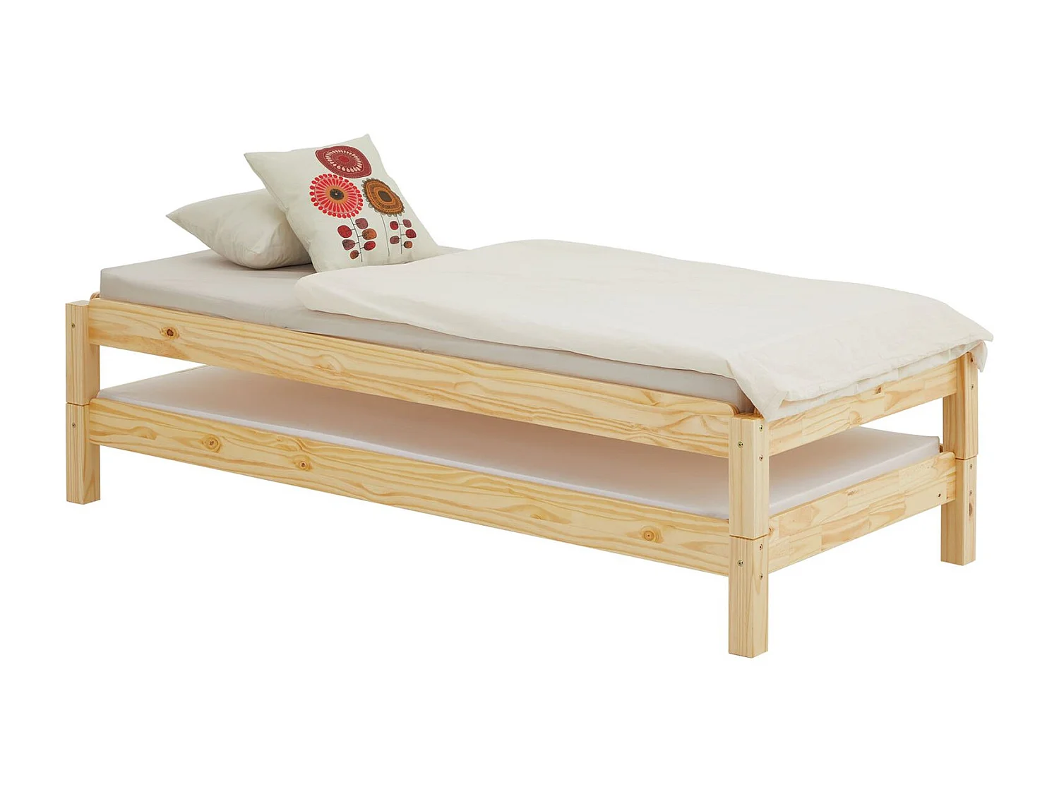 Lot de 2 lits superposables RINO 90 x 190 cm, lits simples 1 place, couchage d'appoint, en pin massif vernis naturel
