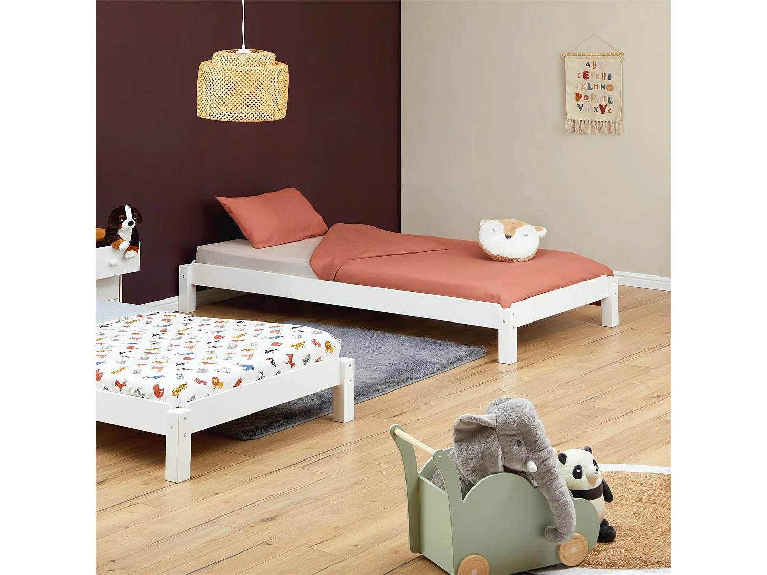 Lot de 2 lits superposables RINO 90 x 190 cm, lits simples 1 place, couchage d'appoint, en pin massif lasuré blanc