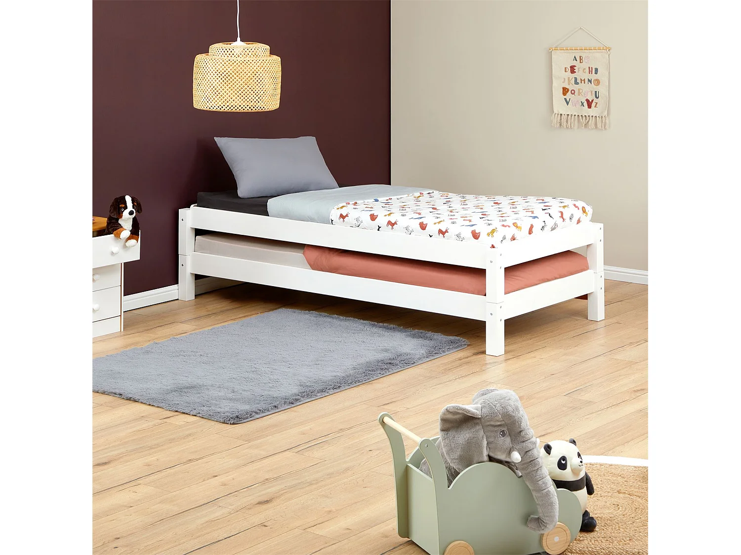 Lot de 2 lits superposables RINO 90 x 190 cm, lits simples 1 place, couchage d'appoint, en pin massif lasuré blanc