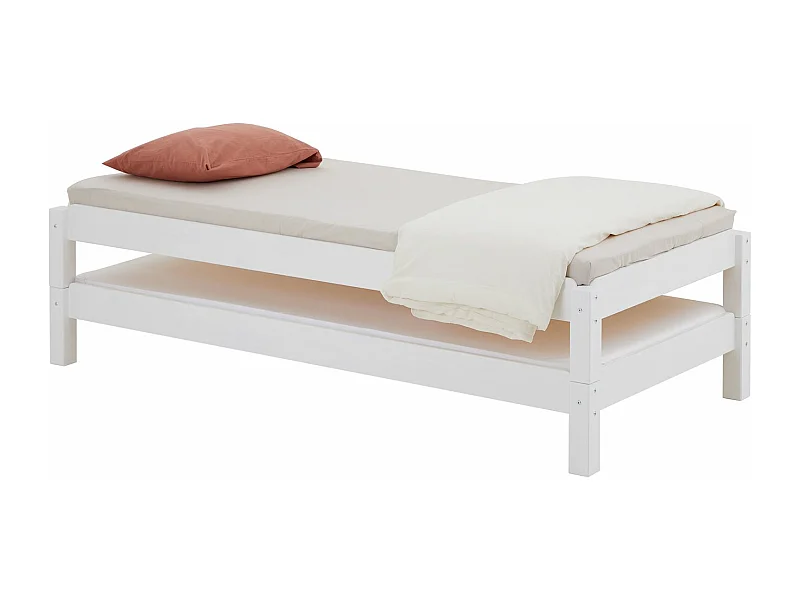 Lot de 2 lits superposables RINO 90 x 190 cm, lits simples 1 place, couchage d'appoint, en pin massif lasuré blanc