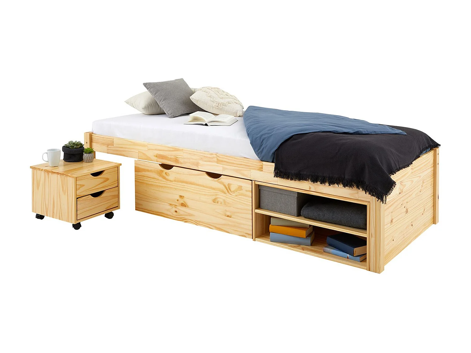 Lit fonctionnel SABRINA lit simple pour enfant, avec 1 table de chevet sur roulettes, 1 grand tiroir et 2 étagères, pin naturel