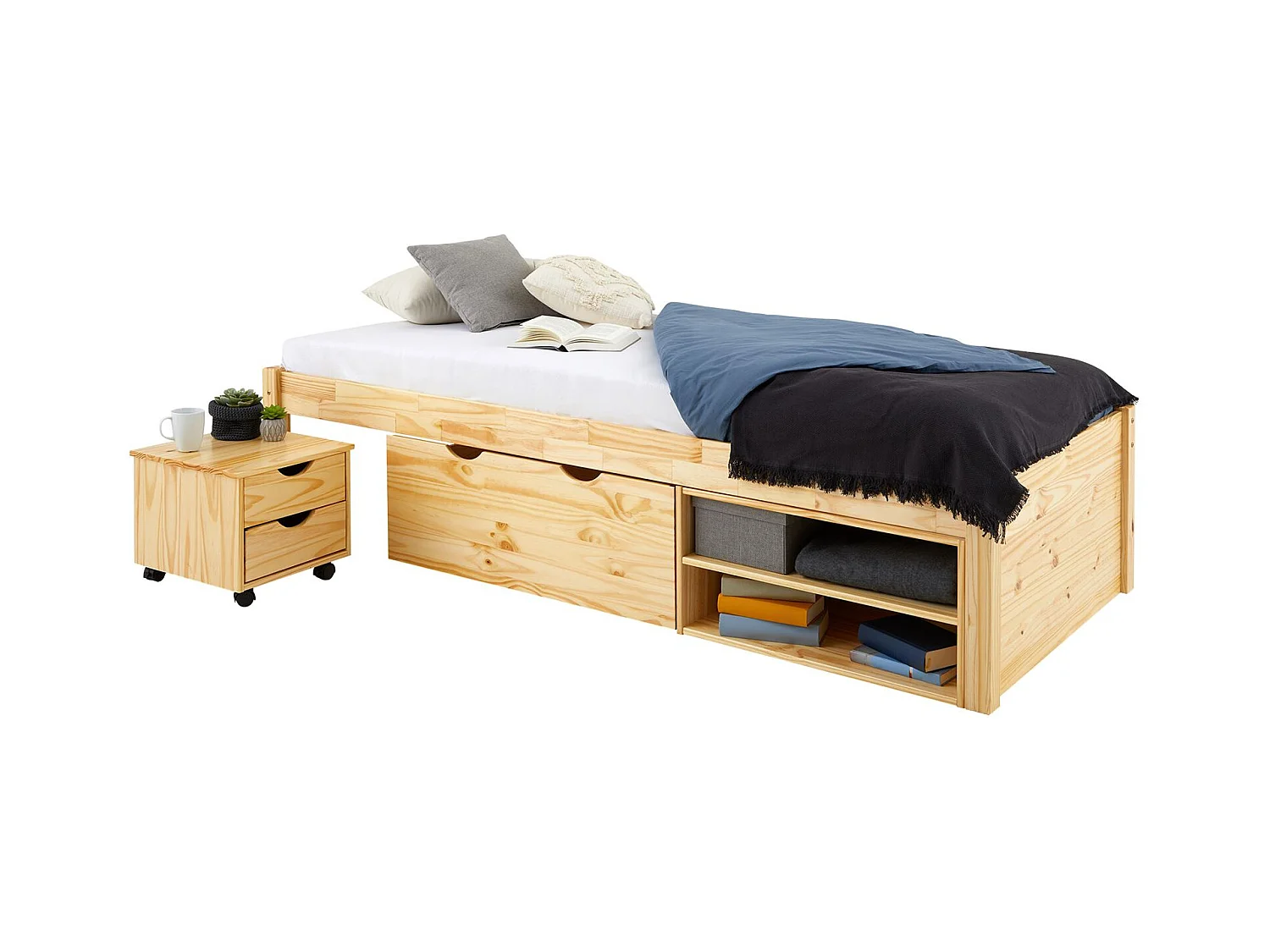 Lit fonctionnel SABRINA lit simple pour enfant, avec 1 table de chevet sur roulettes, 1 grand tiroir et 2 étagères, pin naturel