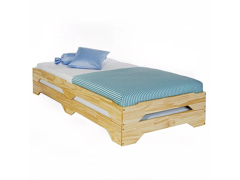 Lot de 2 lits superposables RONNY 90 x 200 cm couchage supplémentaire fonctionnel en pin massif vernis naturel