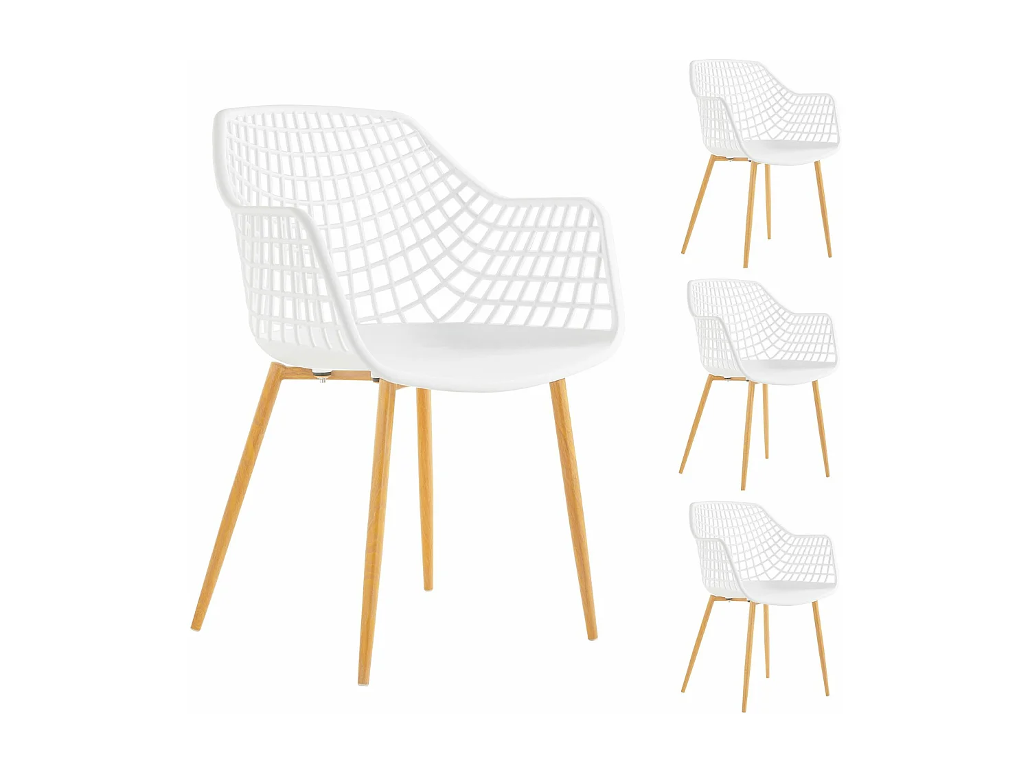 Lot de 4 chaises LUCIA pour salle à mange design retro avec accoudoirs, coque en plastique blanc et pieds en métal décor chêne