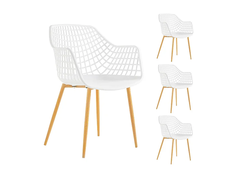 Lot de 4 chaises LUCIA pour salle à mange design retro avec accoudoirs, coque en plastique blanc et pieds en métal décor chêne