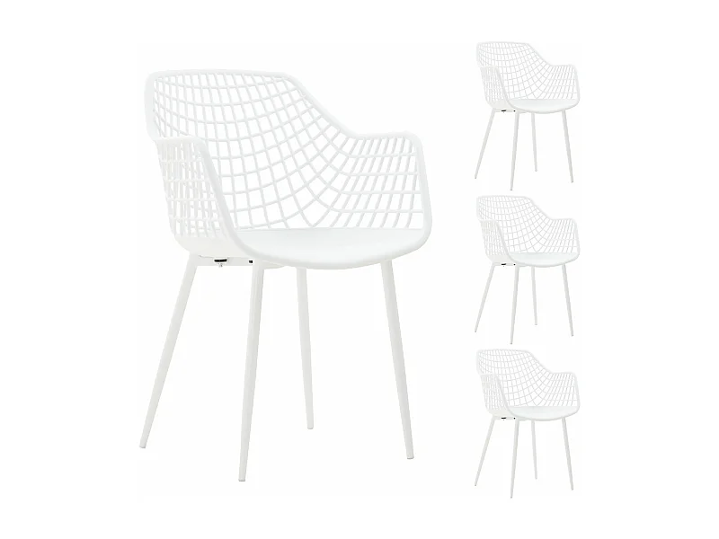 Lot de 4 chaises LUCIA pour salle à manger ou cuisine au design retro, en plastique blanc et 4 pieds en métal laqué blanc