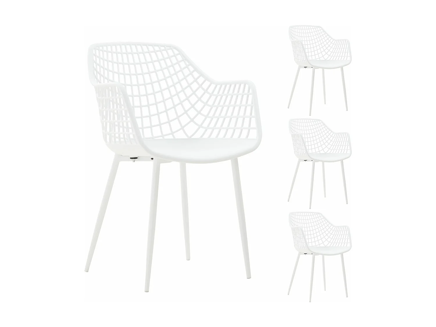 Lot de 4 chaises LUCIA pour salle à manger ou cuisine au design retro, en plastique blanc et 4 pieds en métal laqué blanc