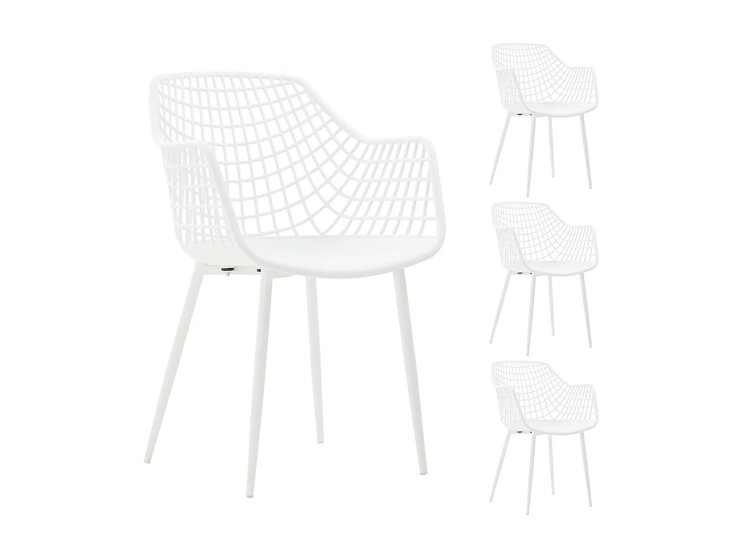 Lot de 4 chaises LUCIA pour salle à manger ou cuisine au design retro, en plastique blanc et 4 pieds en métal laqué blanc