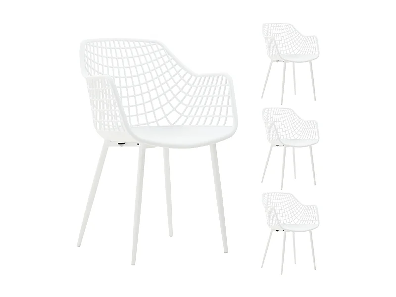 Lot de 4 chaises LUCIA pour salle à manger ou cuisine au design retro, en plastique blanc et 4 pieds en métal laqué blanc