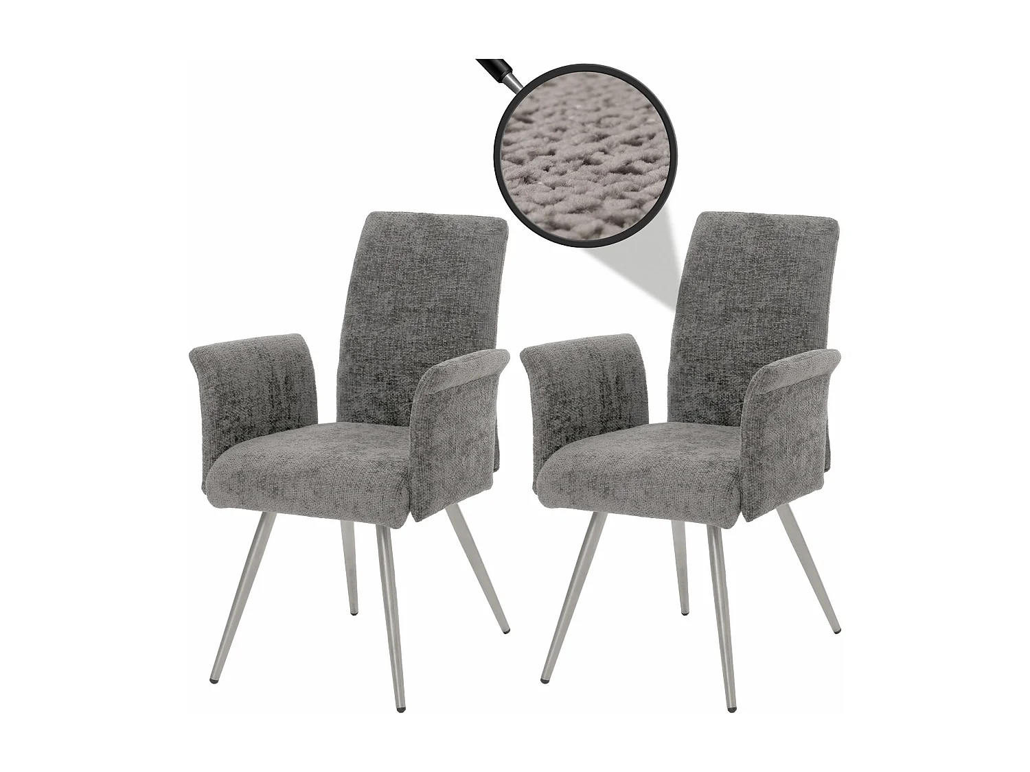 Set di 2 sedie da pranzo MCW-G55, con braccioli, acciaio inox spazzolato Stoffa/tessuto ciniglia Oeko-Tex ~ grigio scuro